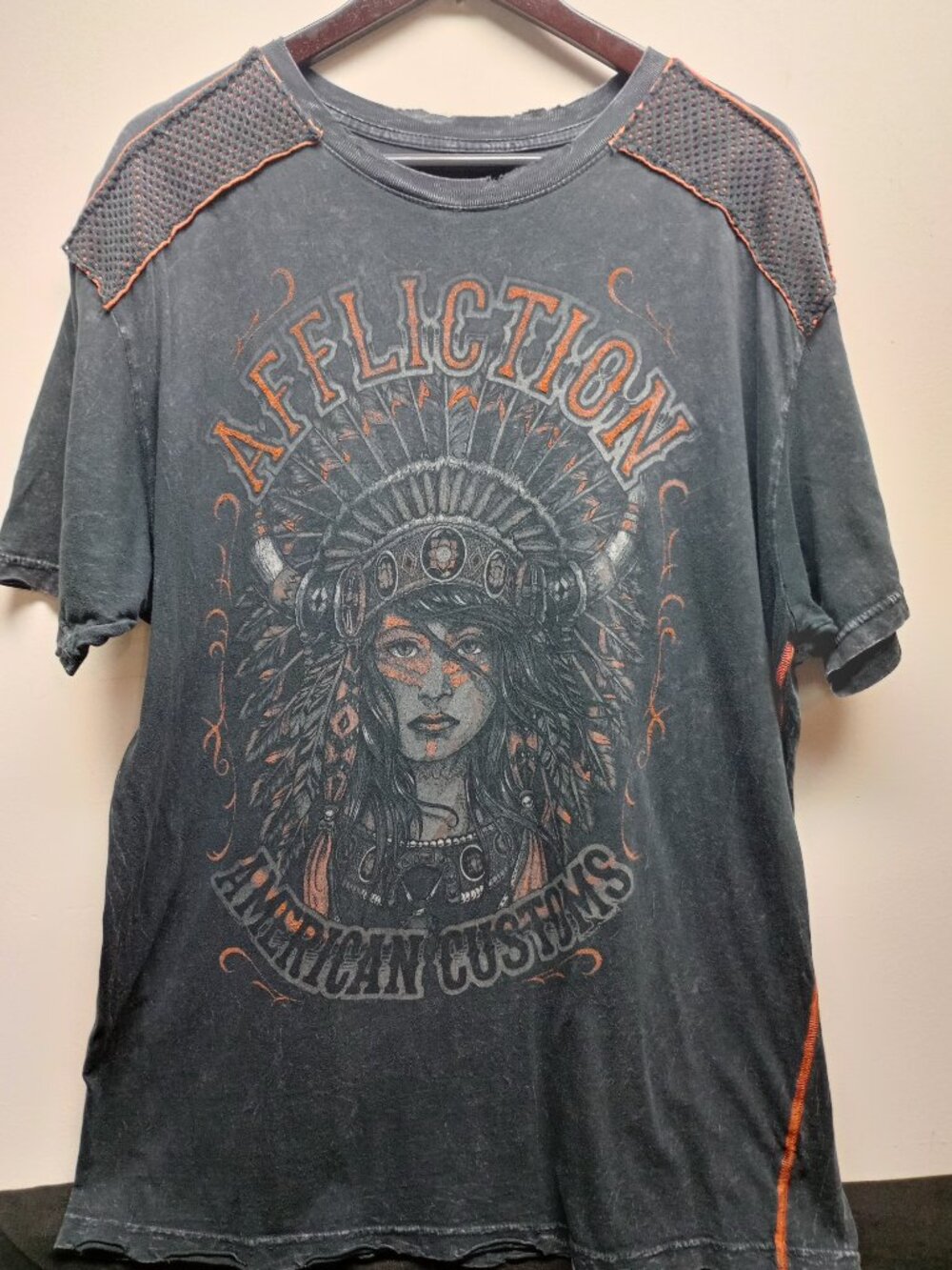 Vintage Y2K Affliction Paper Thin Short Sleeve Tee 2XL Washed Blue & Orange